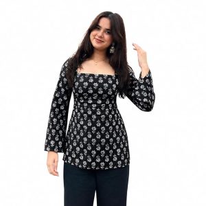 Women’s Rayon Printed Short Kurti | Straight Fit Casual Ethnic Top | Square Neck Full Sleeve Ladies Kurti Office College